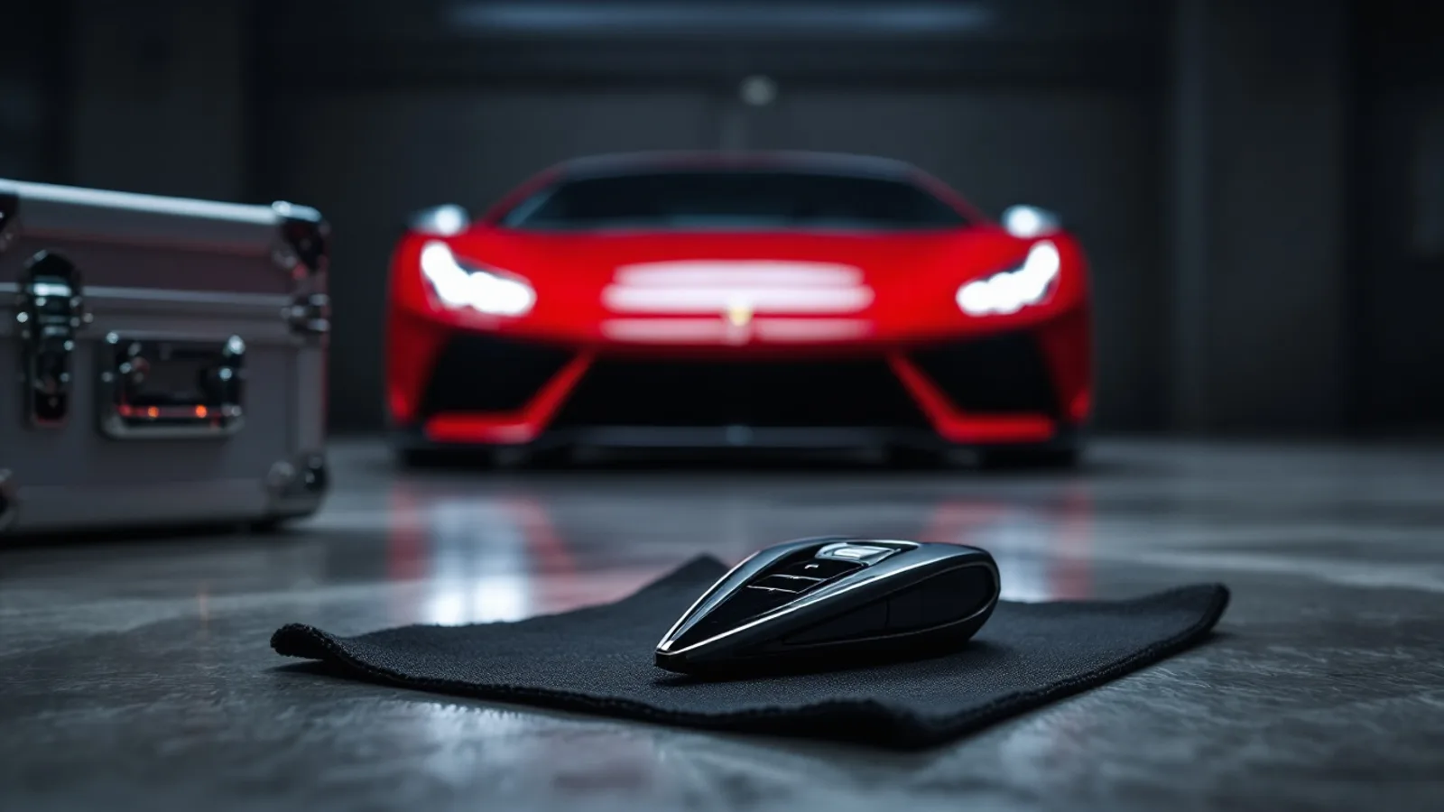 Two low-slung exotic sports cars parked nose-out in a private climate-controlled garage