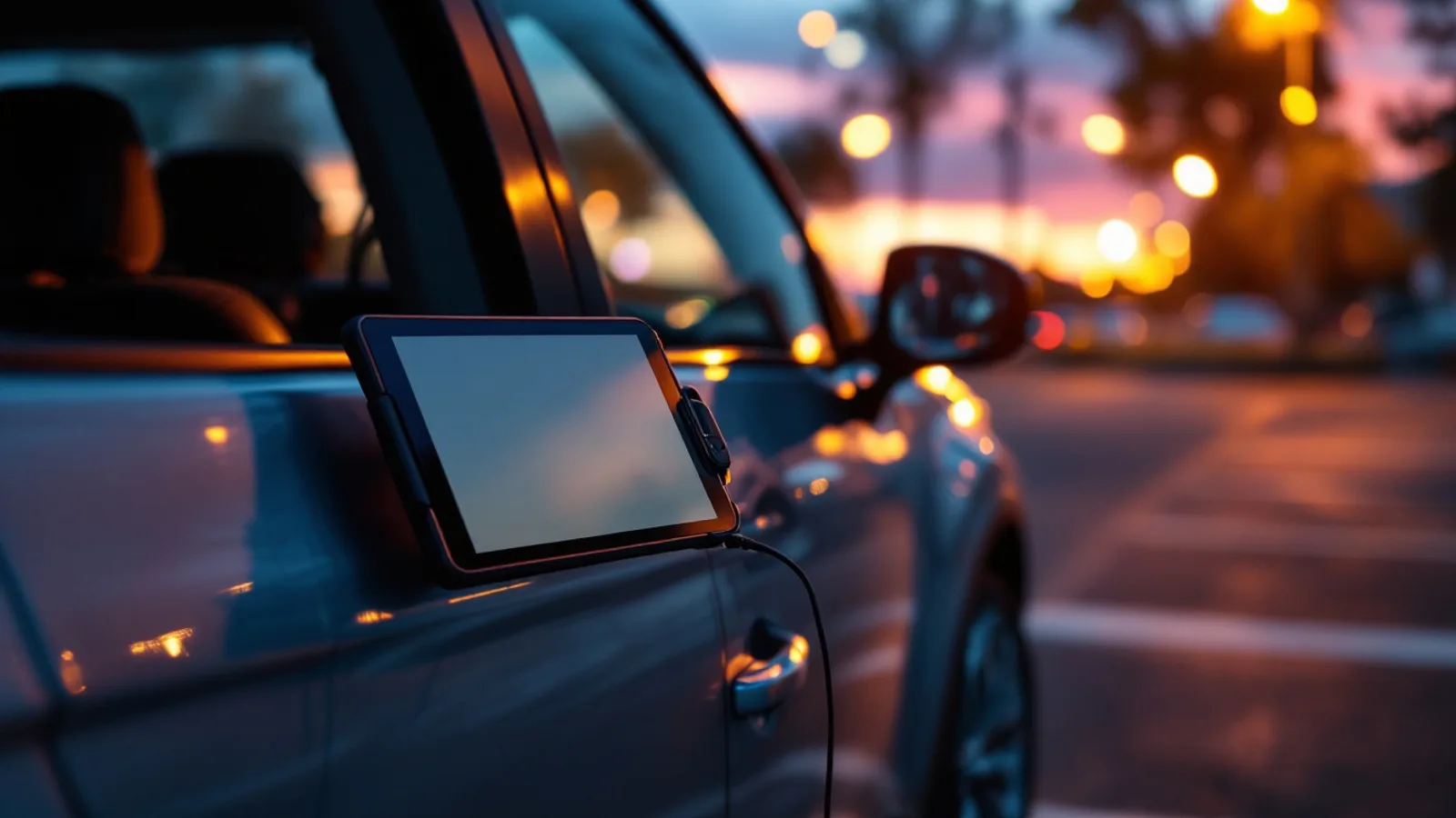 Automotive programming tablet propped in the open window of an SUV with its cable running inside, parking lot at dusk