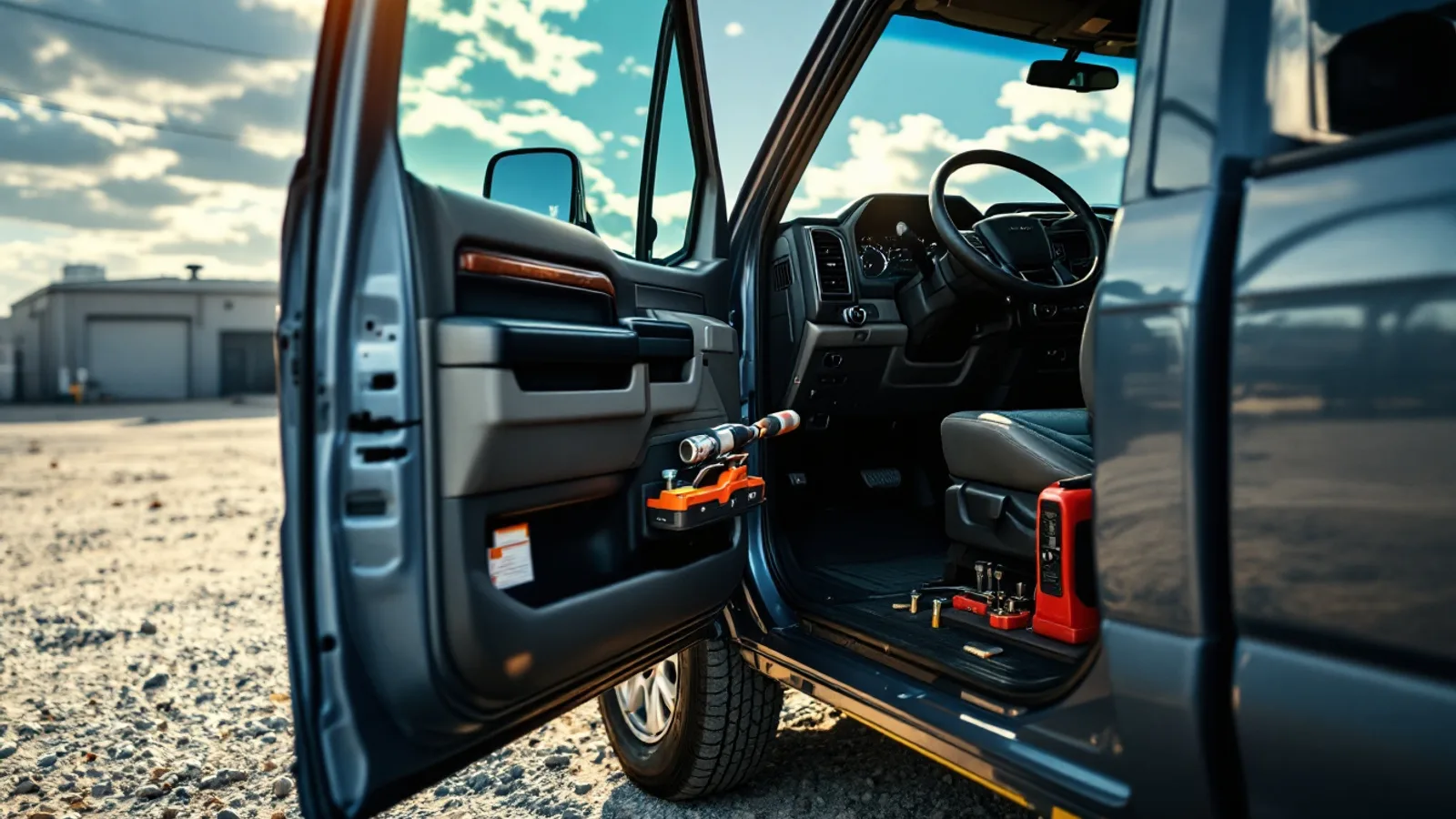 Mobile locksmith repairing the ignition lock cylinder on a Ford F-150 pickup in Dallas