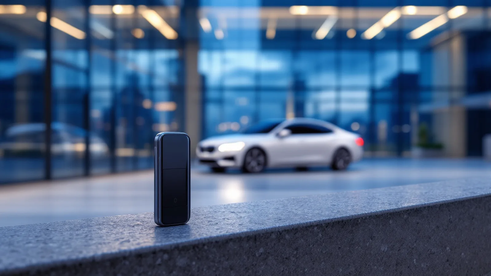 Luxury sedan proximity smart key fob being programmed at the vehicle by a mobile automotive technician