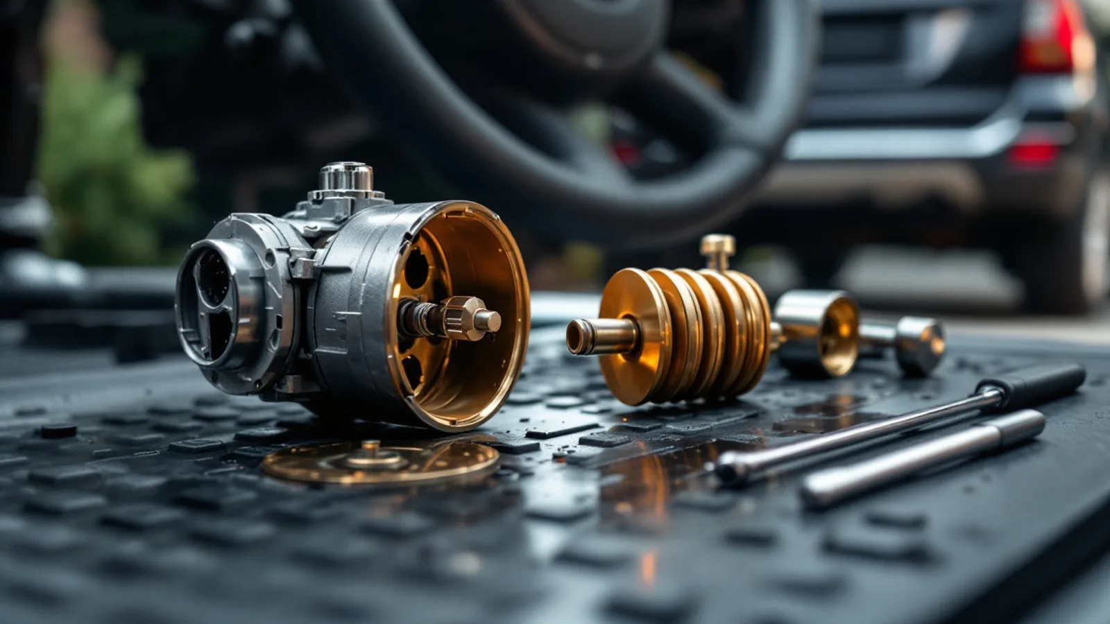 Disassembled ignition lock cylinder with its brass wafer stack fanned out on a workshop bench mat
