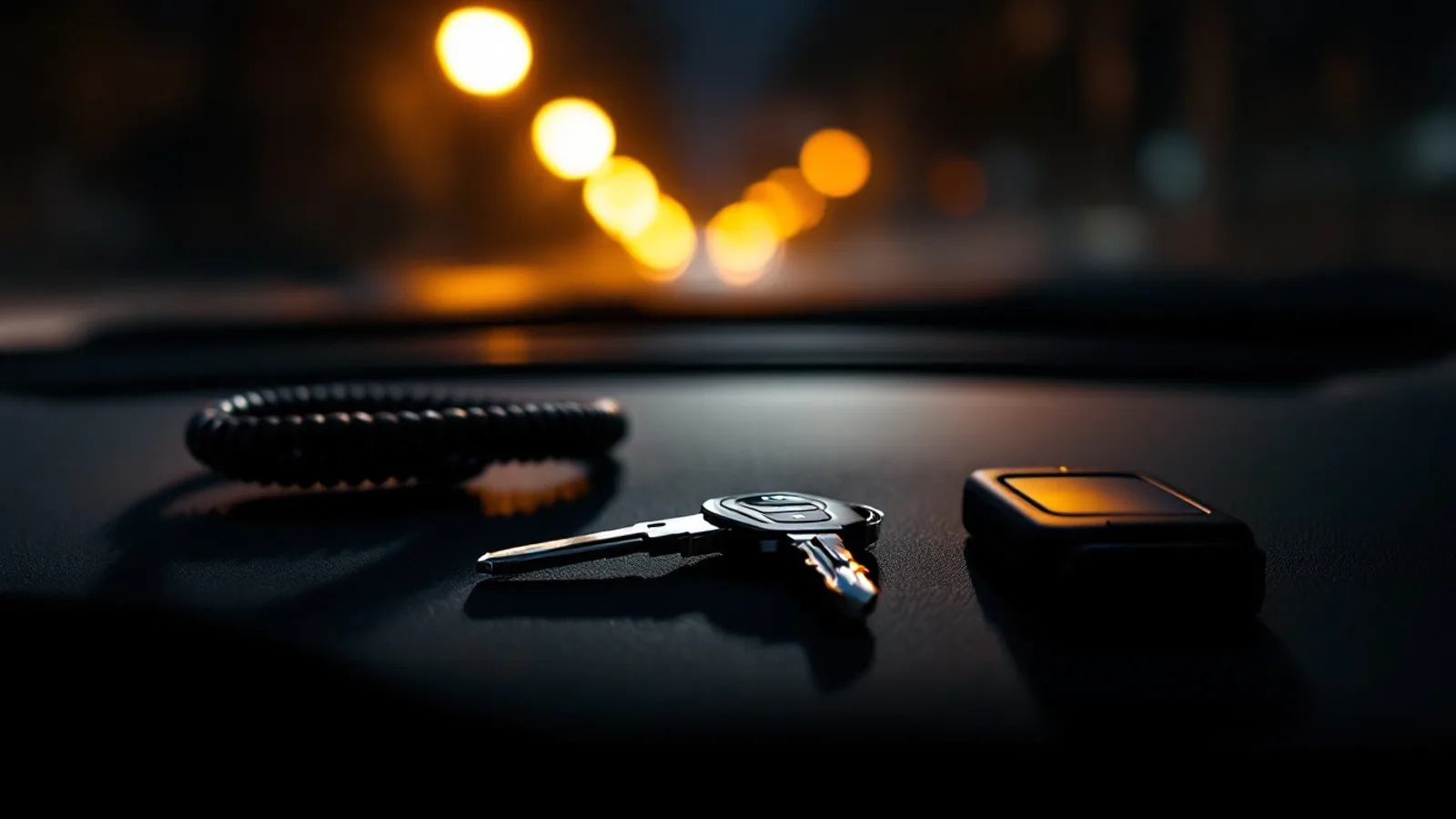 A remote head key and a smart fob on the dark dashboard of a sedan at night with a coiled diagnostic cable beside them