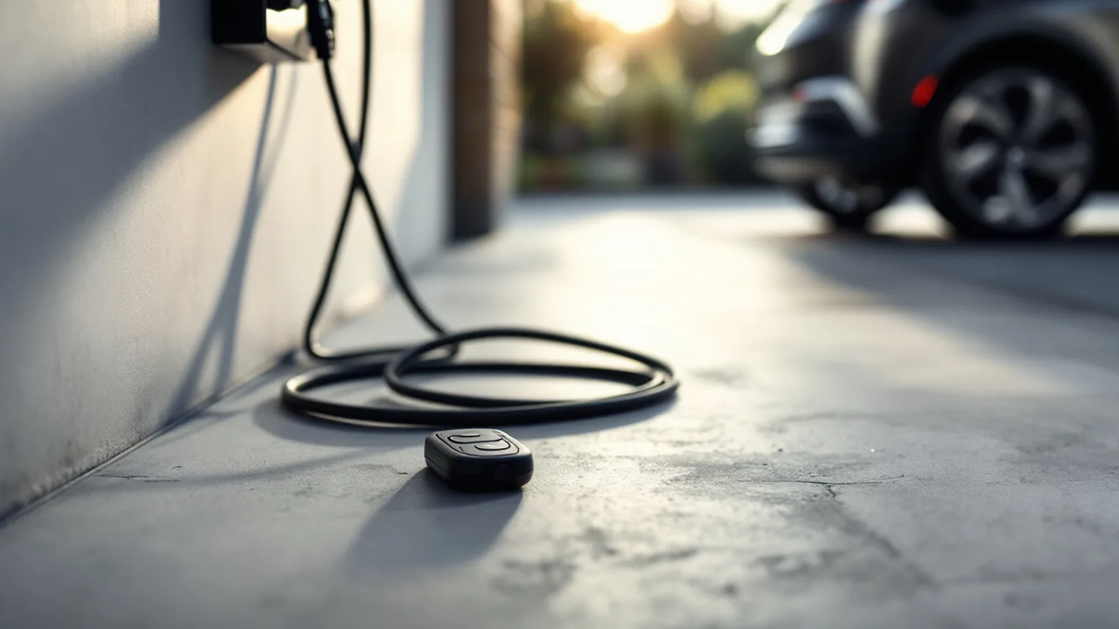 A slim black EV key fob lying on a pale concrete driveway beside a coiled charging cable and a wall charger, an electric crossover blurred behind