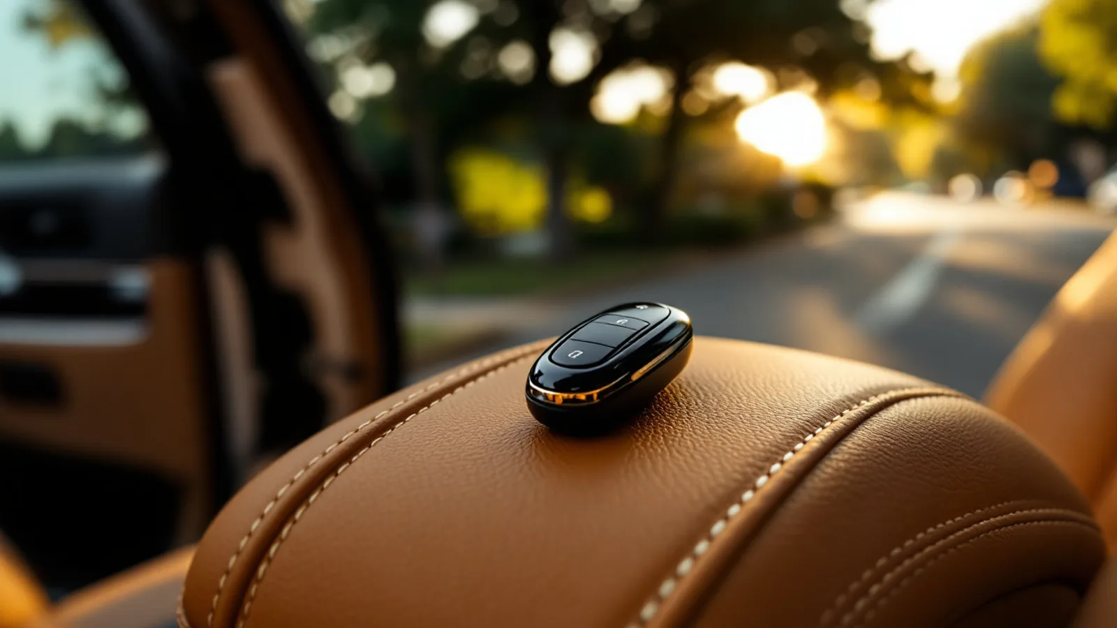 Unmarked black smart key fob resting on the leather armrest of a luxury British sedan parked under live oaks on a Dallas residential street at golden hour