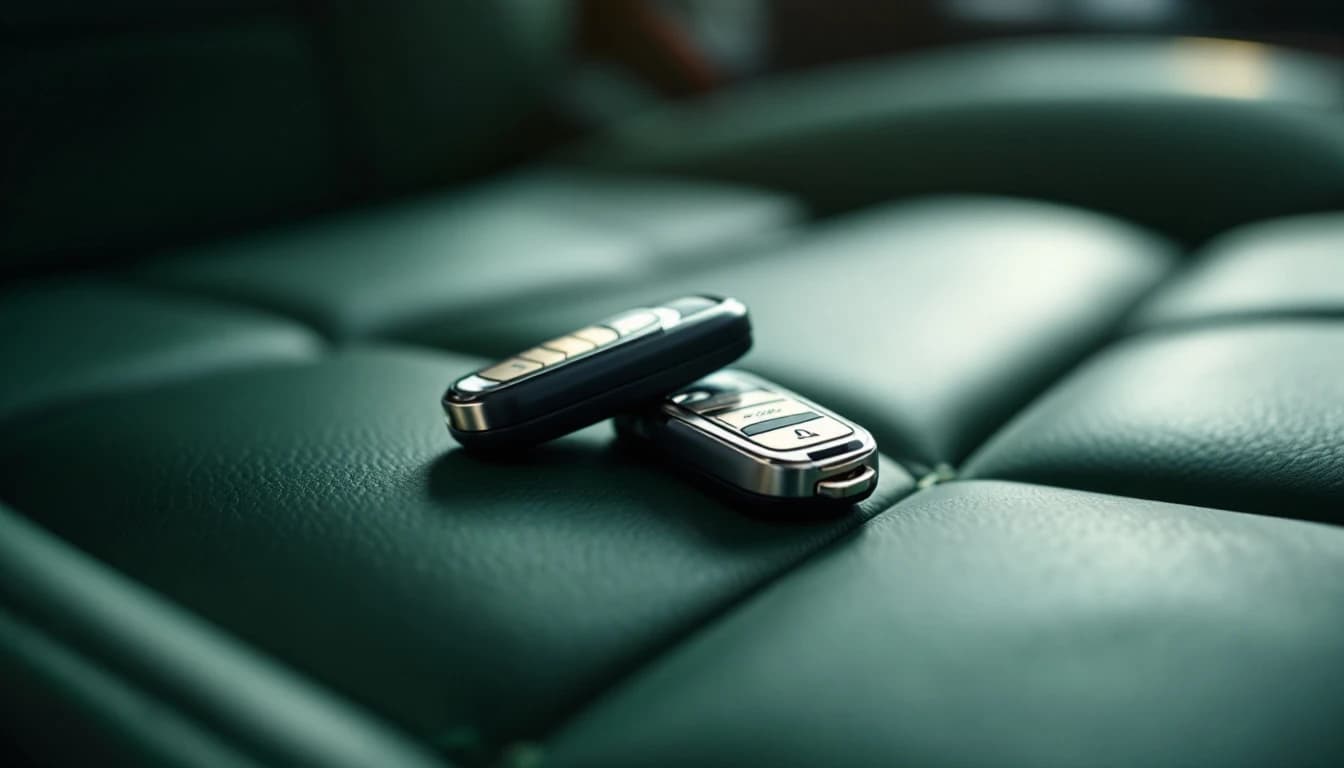 Two replacement key fobs on the leather seat of a Land Rover Defender