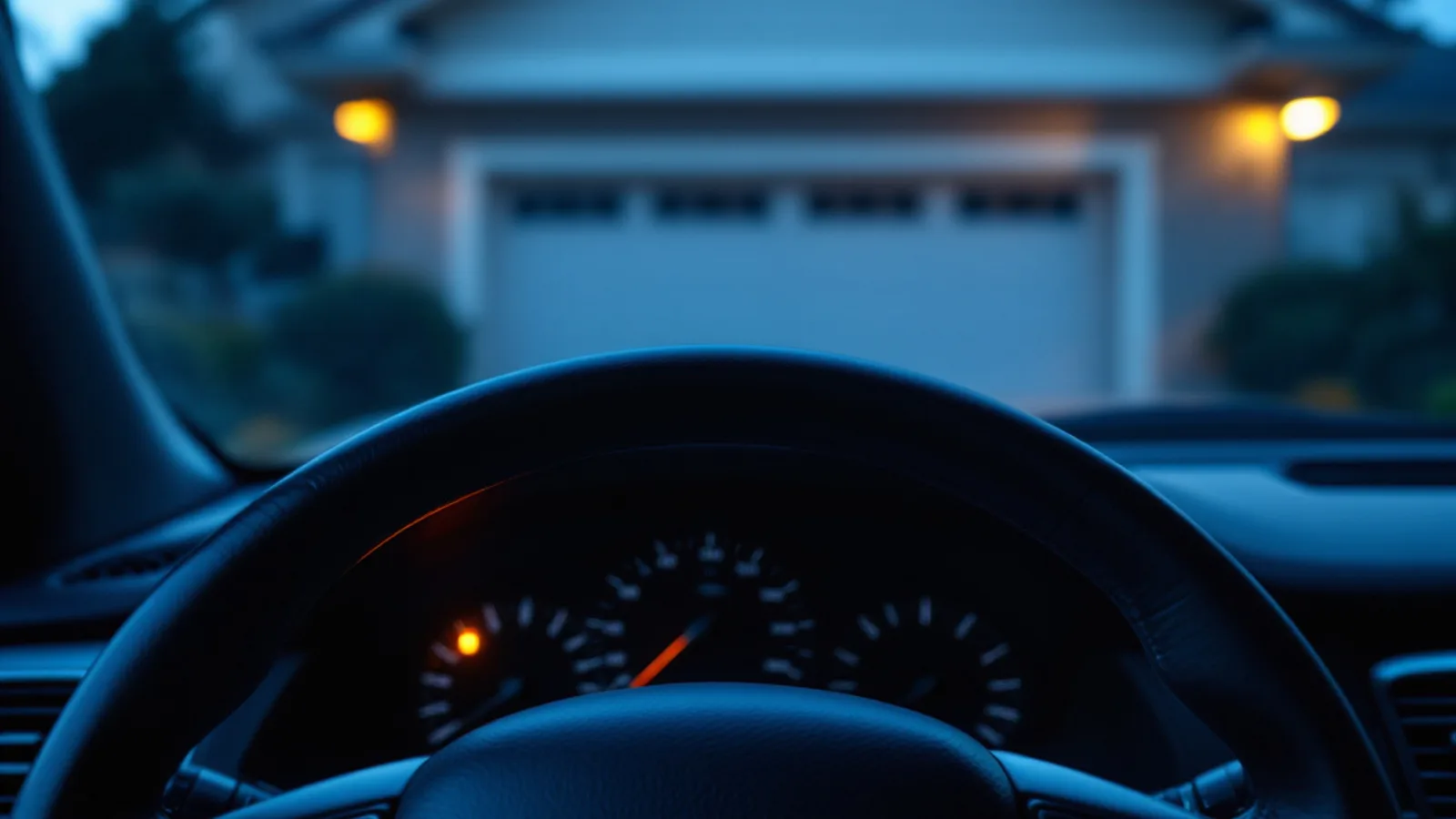 Close-up of a leather-wrapped steering wheel and dark dashboard of a luxury British SUV with a single amber warning glowing in the instrument cluster, evening light through the windshield