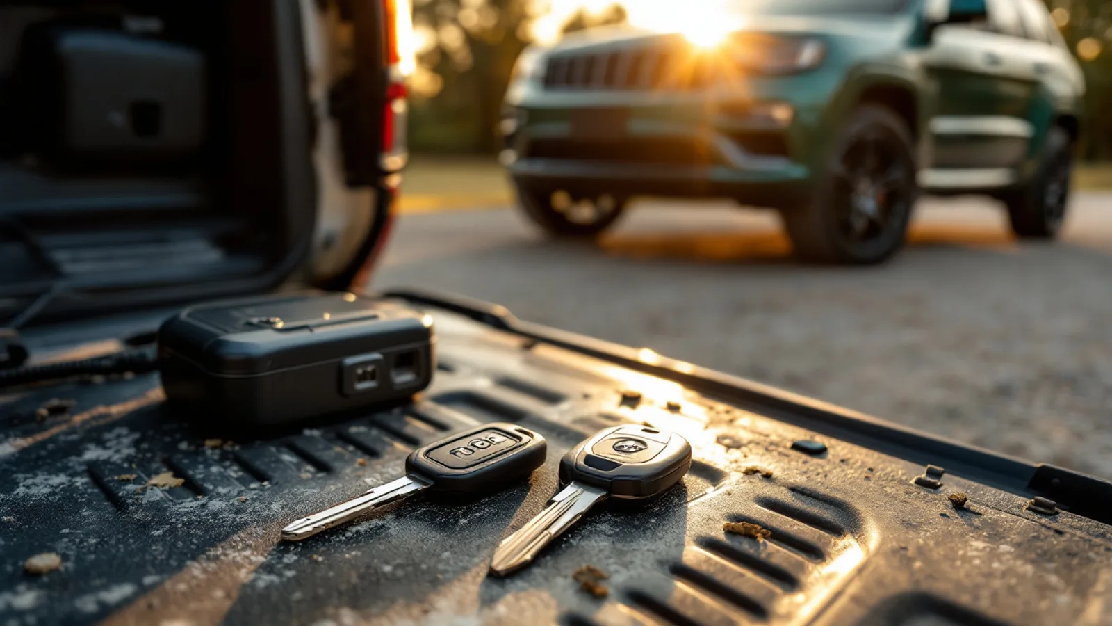 Two freshly cut Jeep keys on a truck tailgate beside a portable programming device with a green SUV in the sunset behind