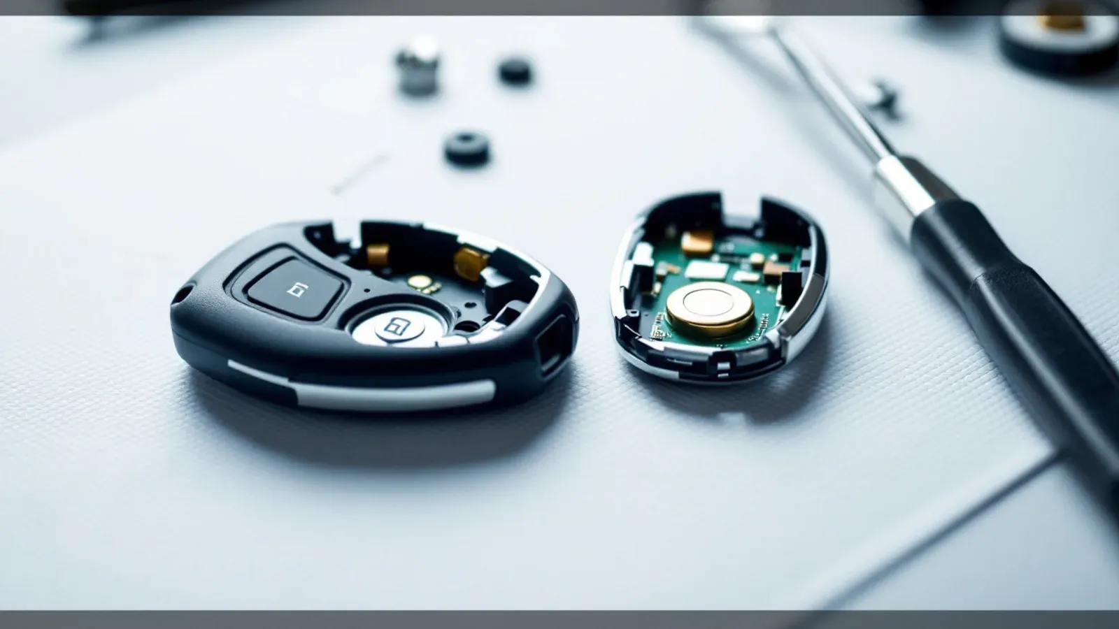 An opened key fob shell on a workbench showing its circuit board, rubber button pad and coin cell battery beside a small screwdriver
