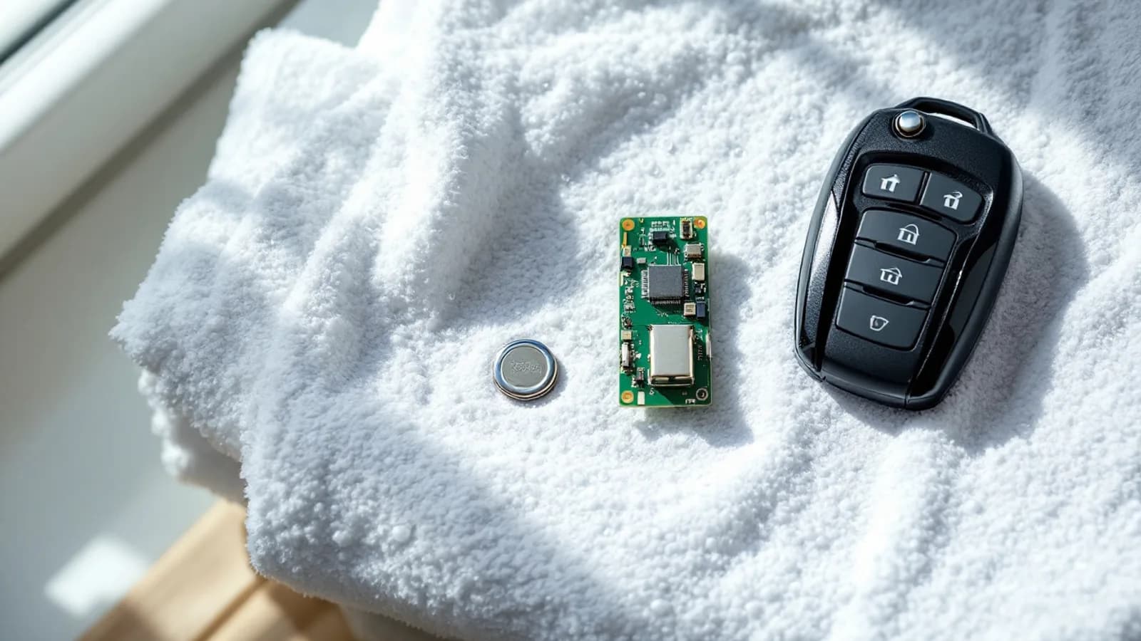 A car key fob, its exposed circuit board and a removed coin cell battery laid out on a white towel in bright window light