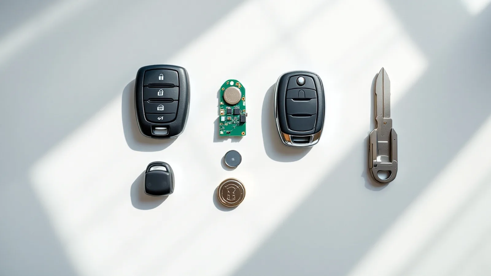 A car key fob opened into its shell halves, circuit board and coin cell on a clean bench beside a replacement fob at a Dallas locksmith service bay