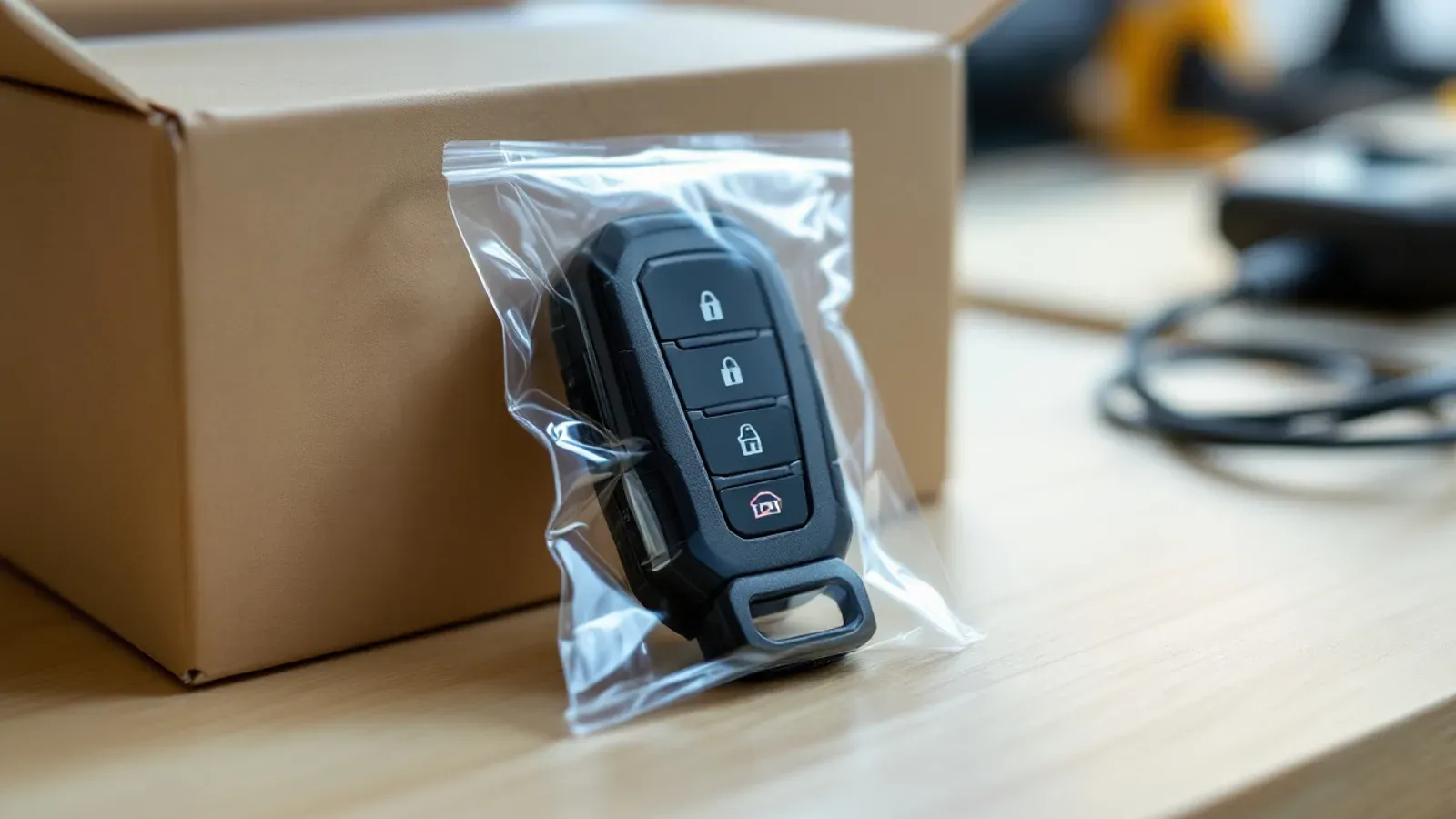 A new unmarked proximity key fob still in its clear plastic bag beside a handheld diagnostic programmer on a workbench
