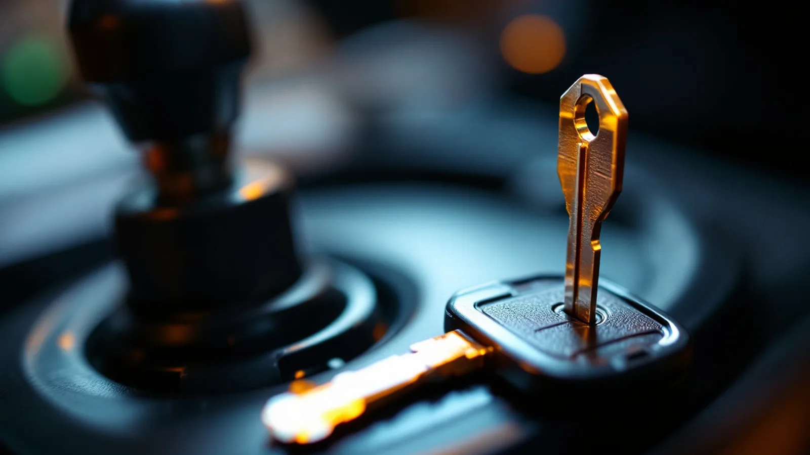 Close-up of a car key lodged in an ignition cylinder on the steering column of a vehicle in Dallas
