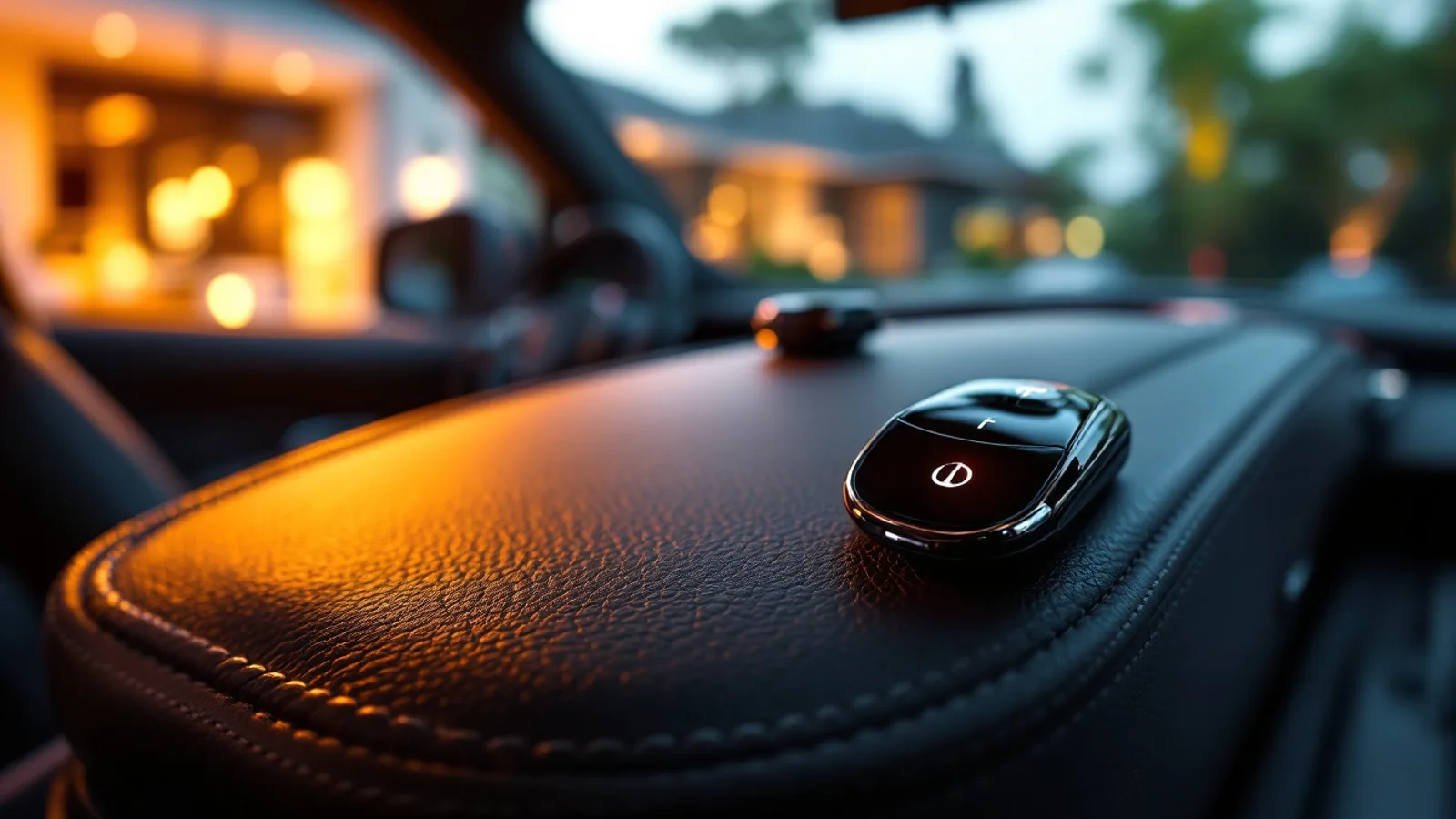 A glossy Lexus proximity smart fob resting on the stitched leather center console of a luxury SUV at dusk