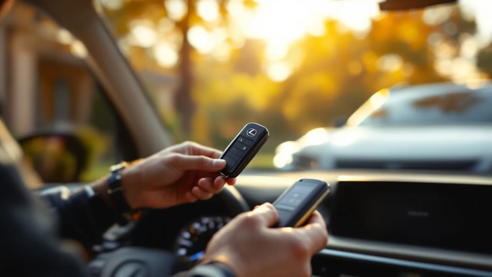 Mobile locksmith programming a Lexus Smart Access key fob in a McKinney driveway