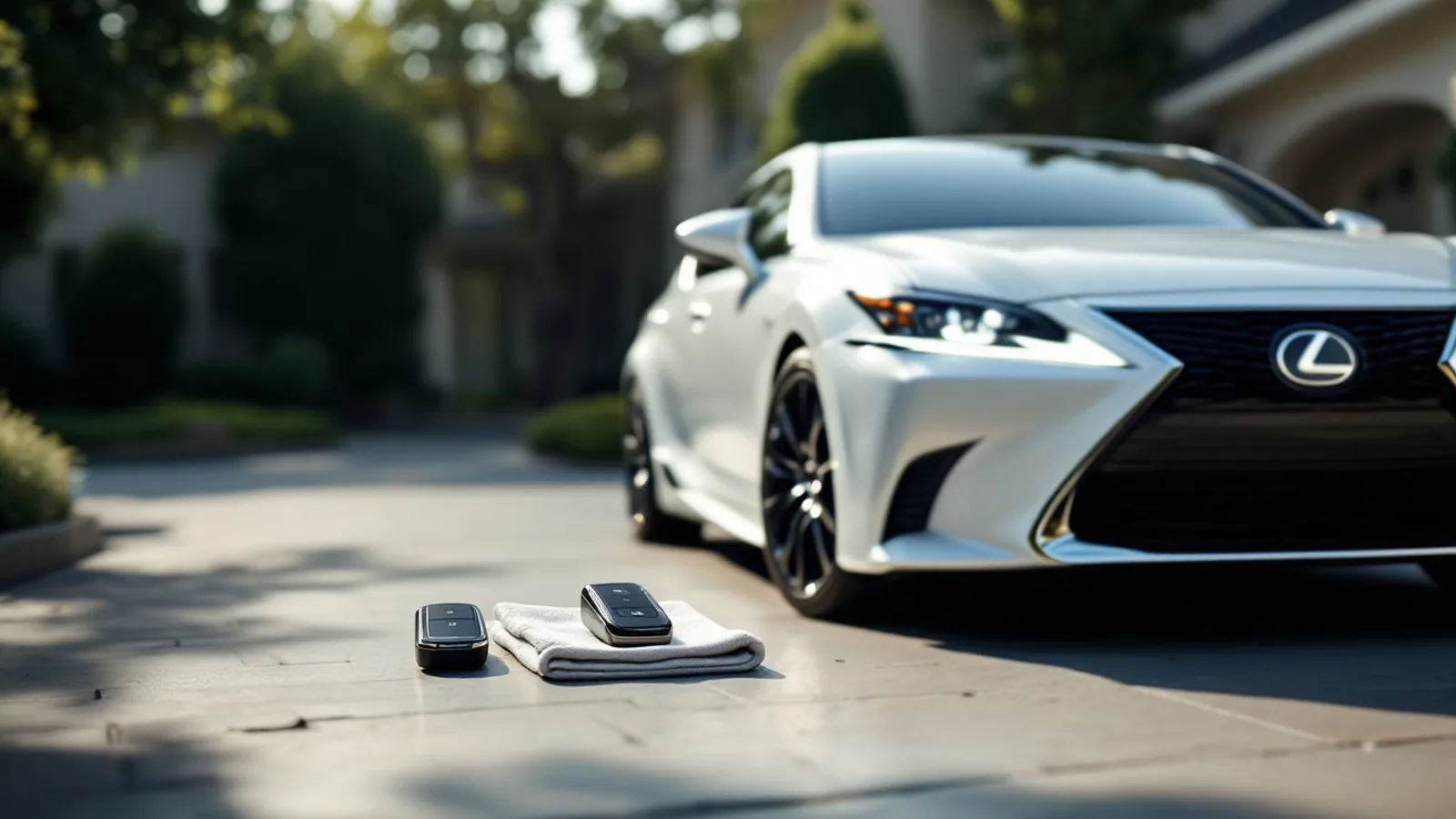 New Lexus smart key being programmed next to a Lexus sedan in a Plano driveway