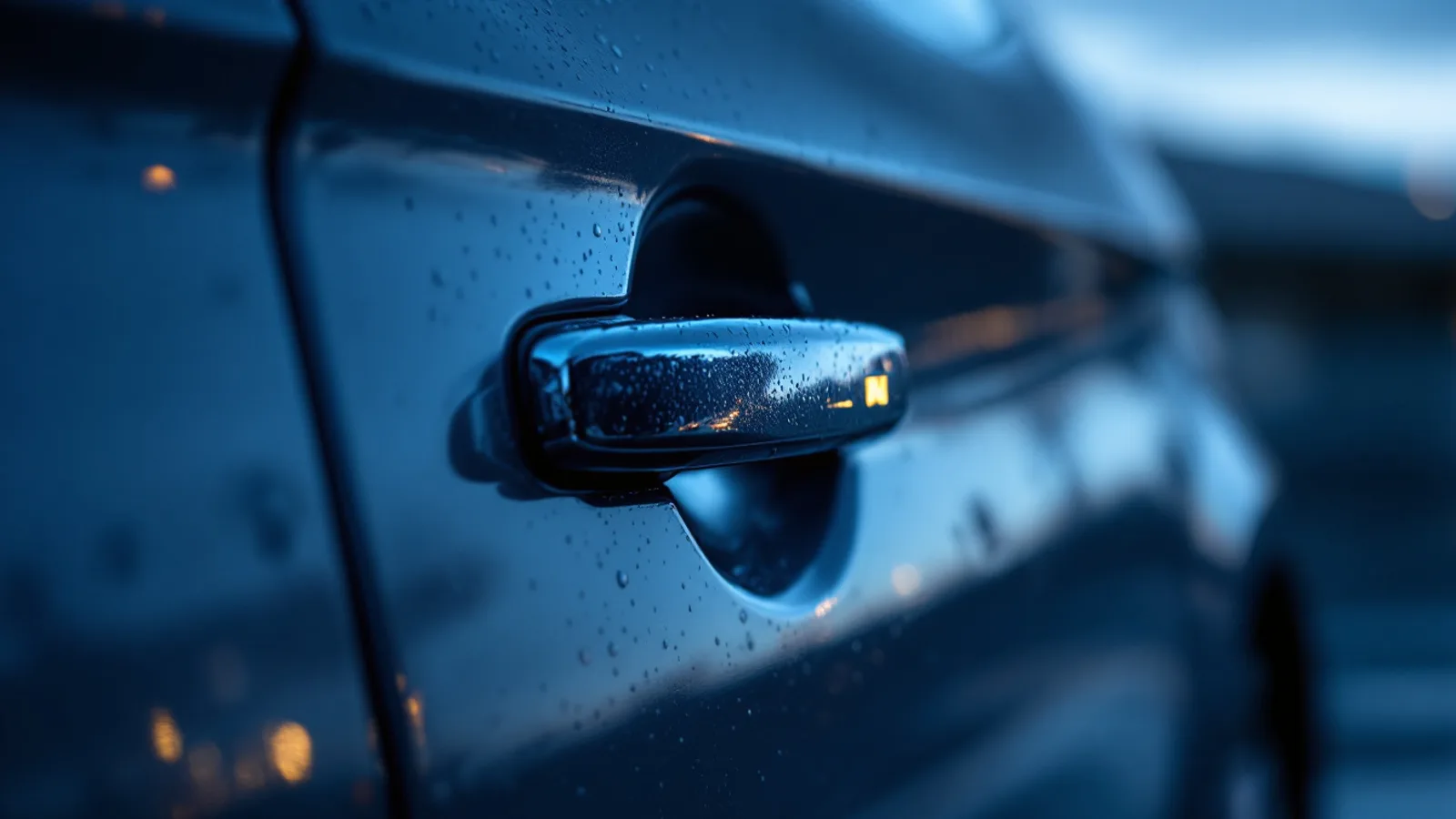 Close-up of a rain-beaded chrome door handle on a dark car at dusk in a Dallas parking structure