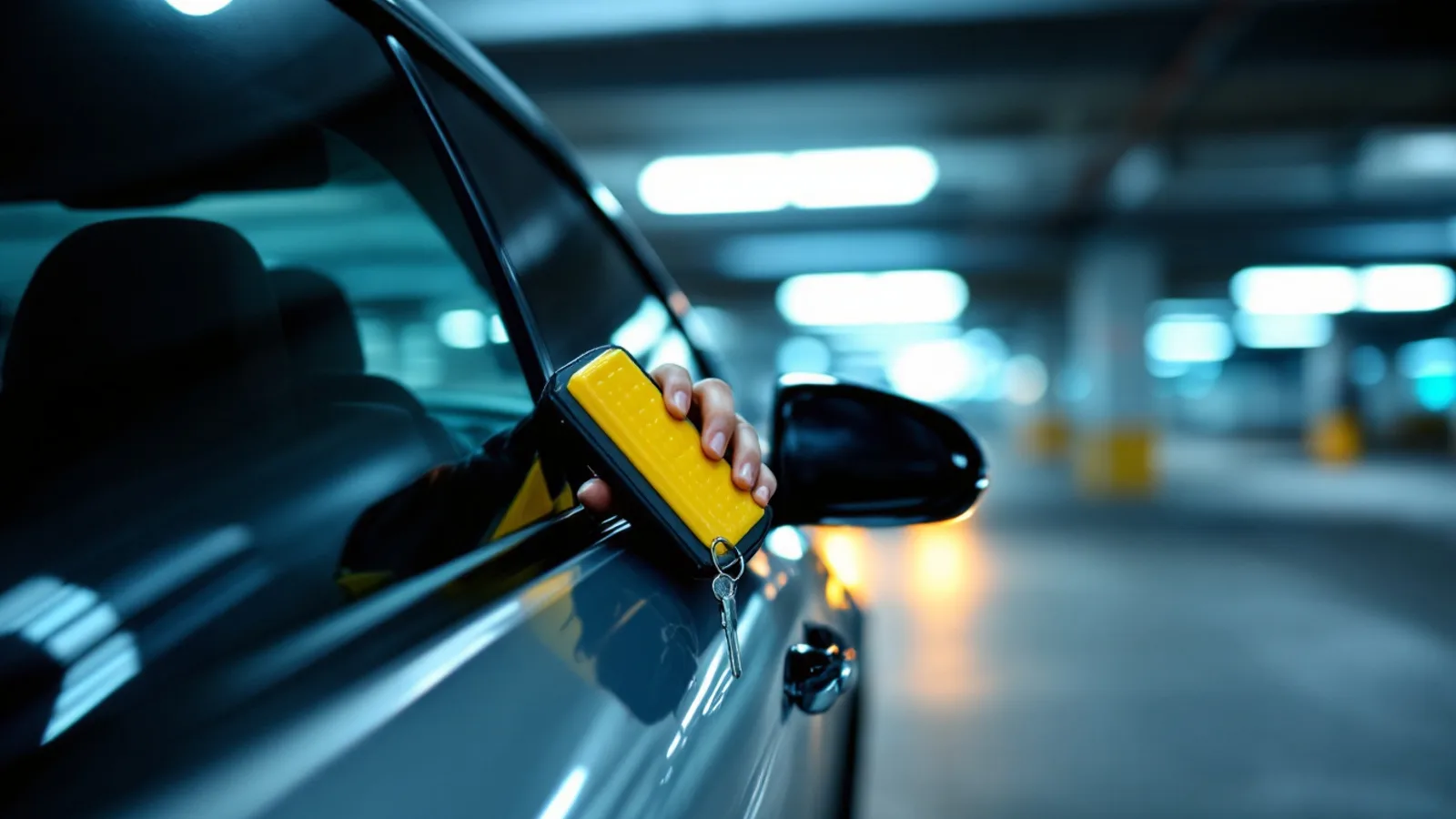 A person standing beside a locked sedan in a parking lot at dusk holding a phone