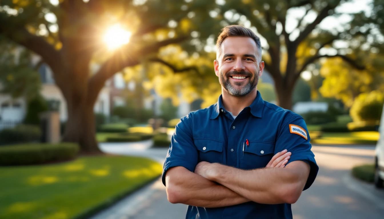 Locksmith beside his service van in the Preston Hollow neighborhood