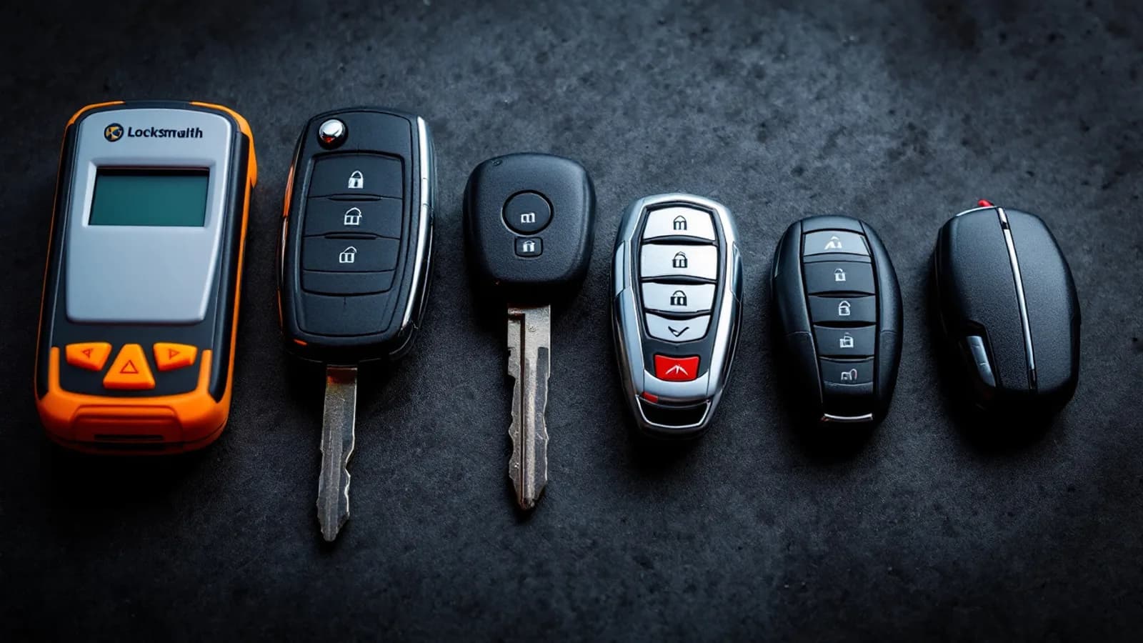 Luxury European car keys and a diagnostic programmer laid out for a Dallas locksmith comparison