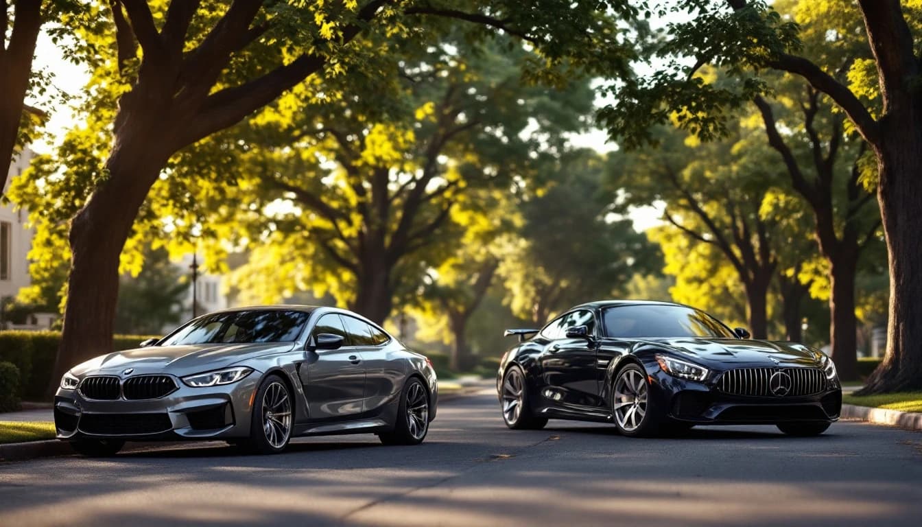 Luxury cars on a Highland Park street with a locksmith service van nearby