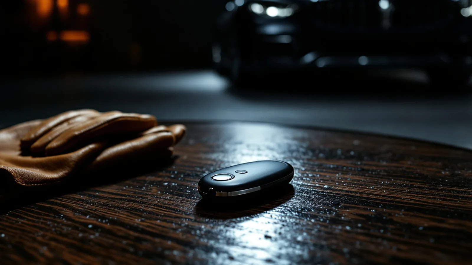 An oval Italian luxury proximity key fob on dark polished wood beside a folded driving glove in a dim private garage