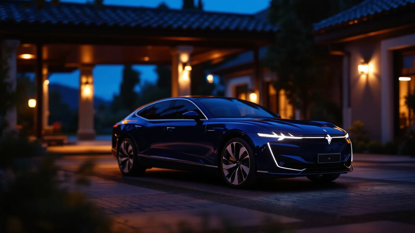 A dark blue Italian luxury grand touring sedan parked under a lit portico at blue hour