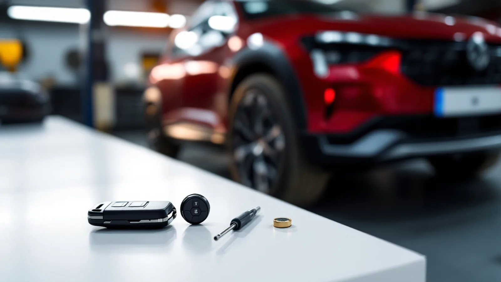 A Mazda flip key and proximity fob on a white bench beside a precision screwdriver and a fresh coin cell battery