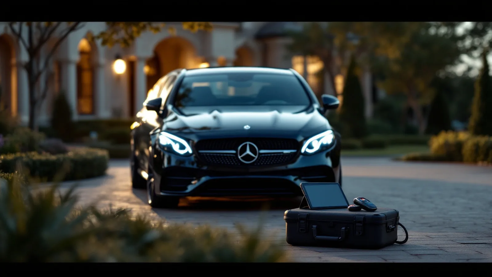 Mobile locksmith programming a Mercedes-Benz smart key during an all-keys-lost job in a Southlake driveway