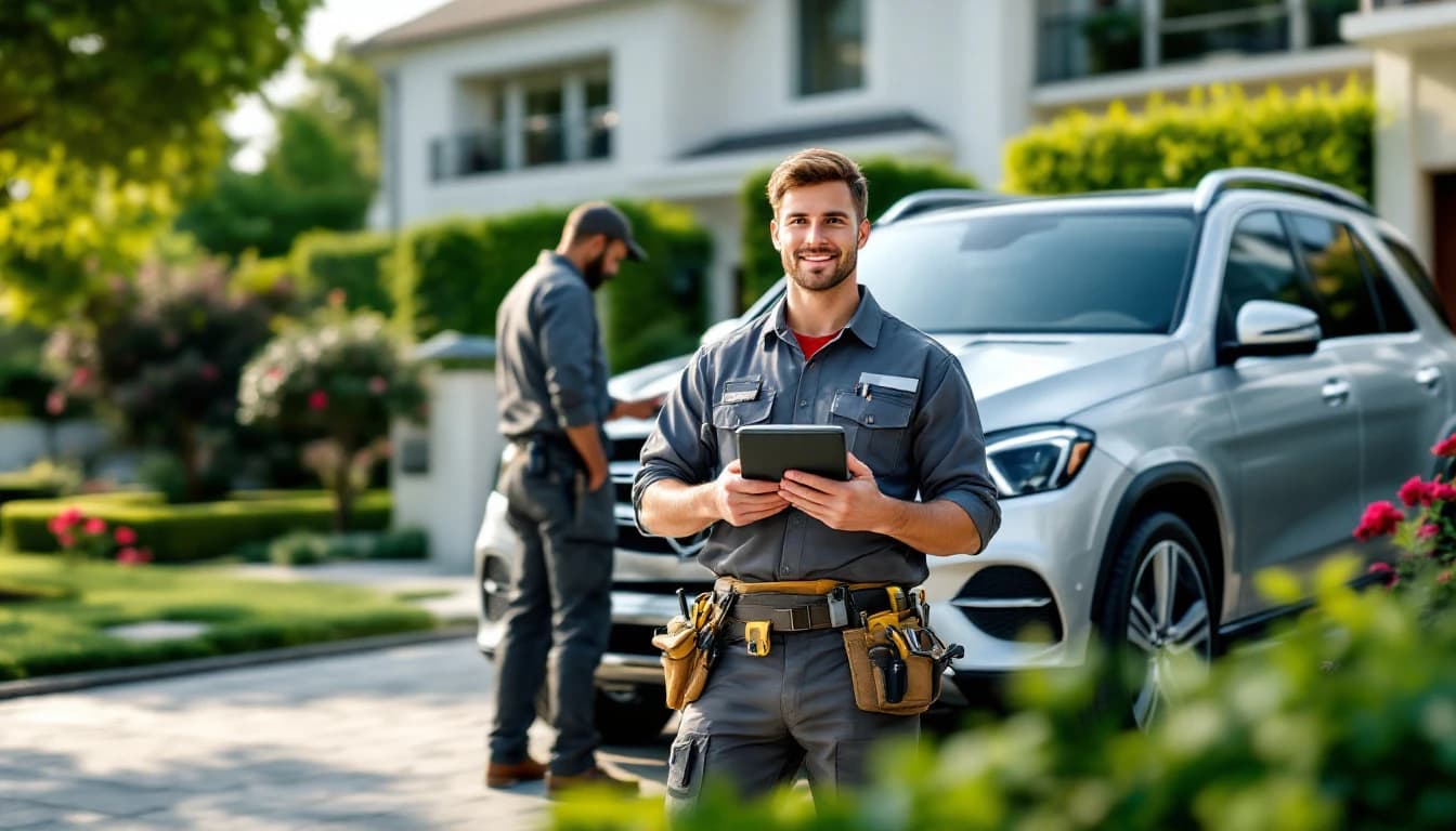 Locksmith with diagnostic tablet beside a Mercedes GLE at a Southlake home