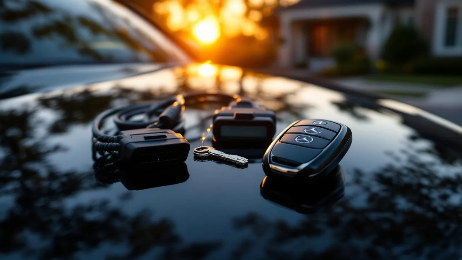 Mobile locksmith programming a Mercedes-Benz smart key beside a sedan in an Addison condo driveway