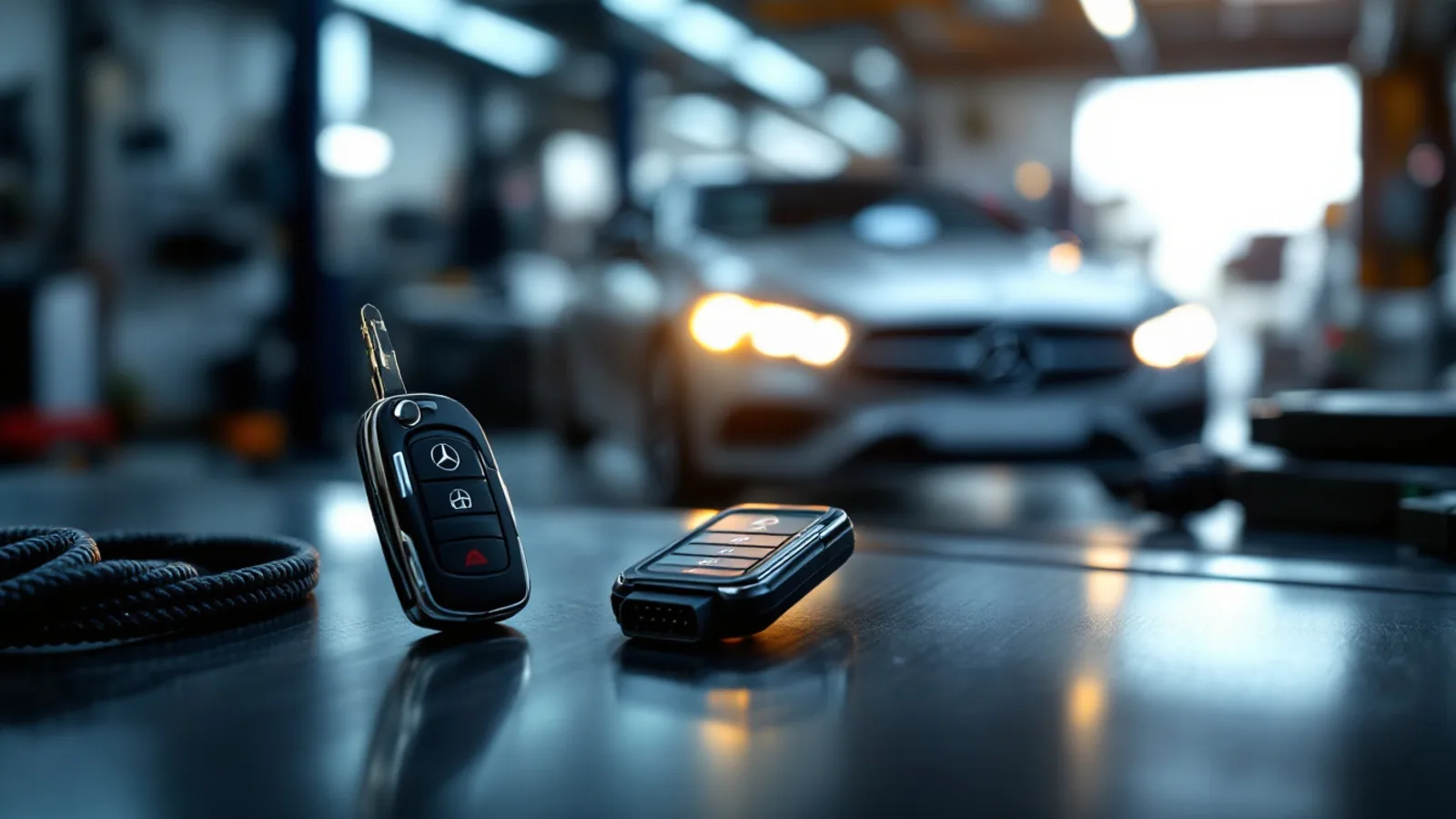 Mercedes-Benz smart key and programming tool on a workbench in a Frisco service bay