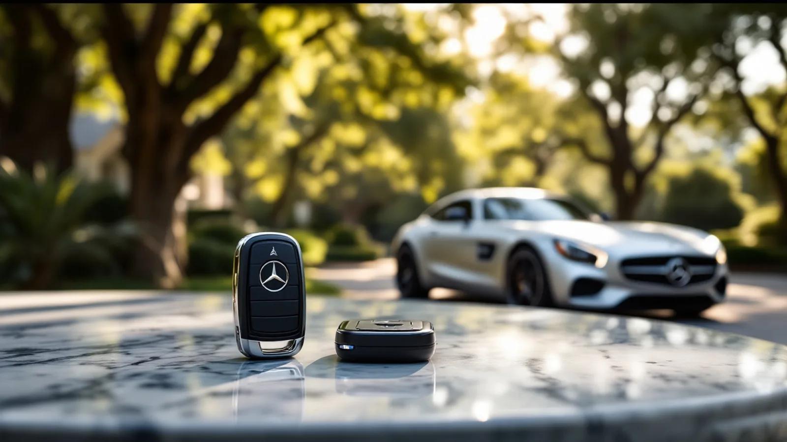 Mercedes-Benz sedan parked in an upscale University Park driveway awaiting mobile key programming