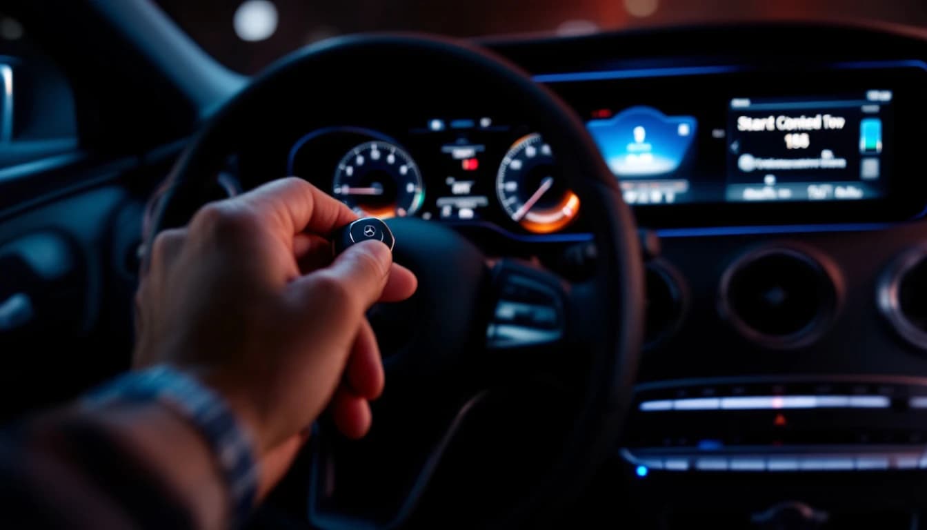 Driver holding a Mercedes key fob near the start button with the cluster lit