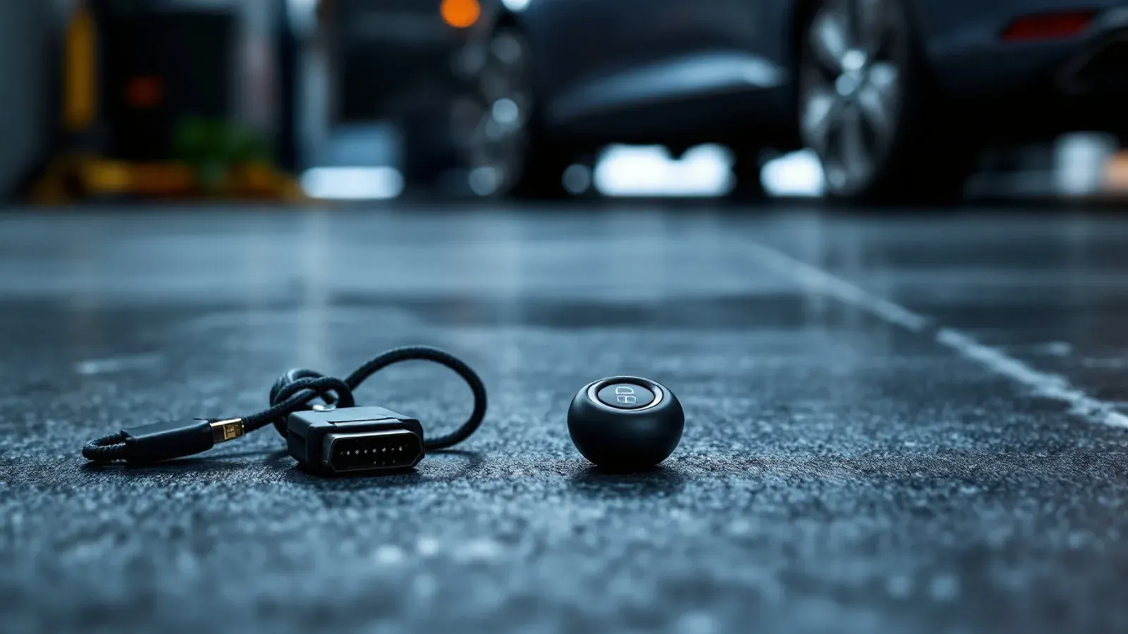 A small rounded unmarked key fob and an OBD diagnostic connector lying on a garage floor, a dark car blurred in the background, low ground-level angle