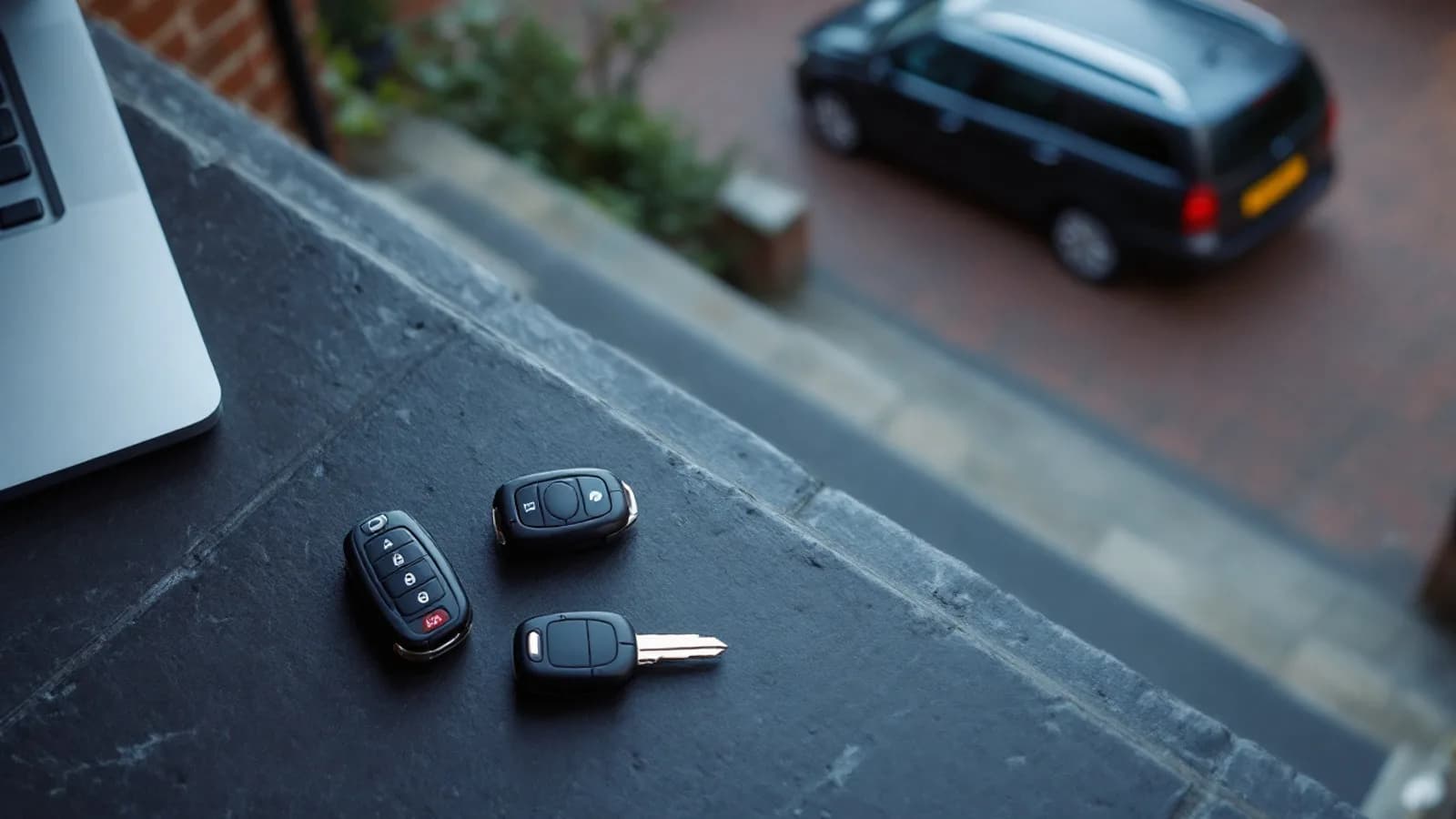 A compact British hatchback wagon with a contrasting roof parked on a residential street at dusk