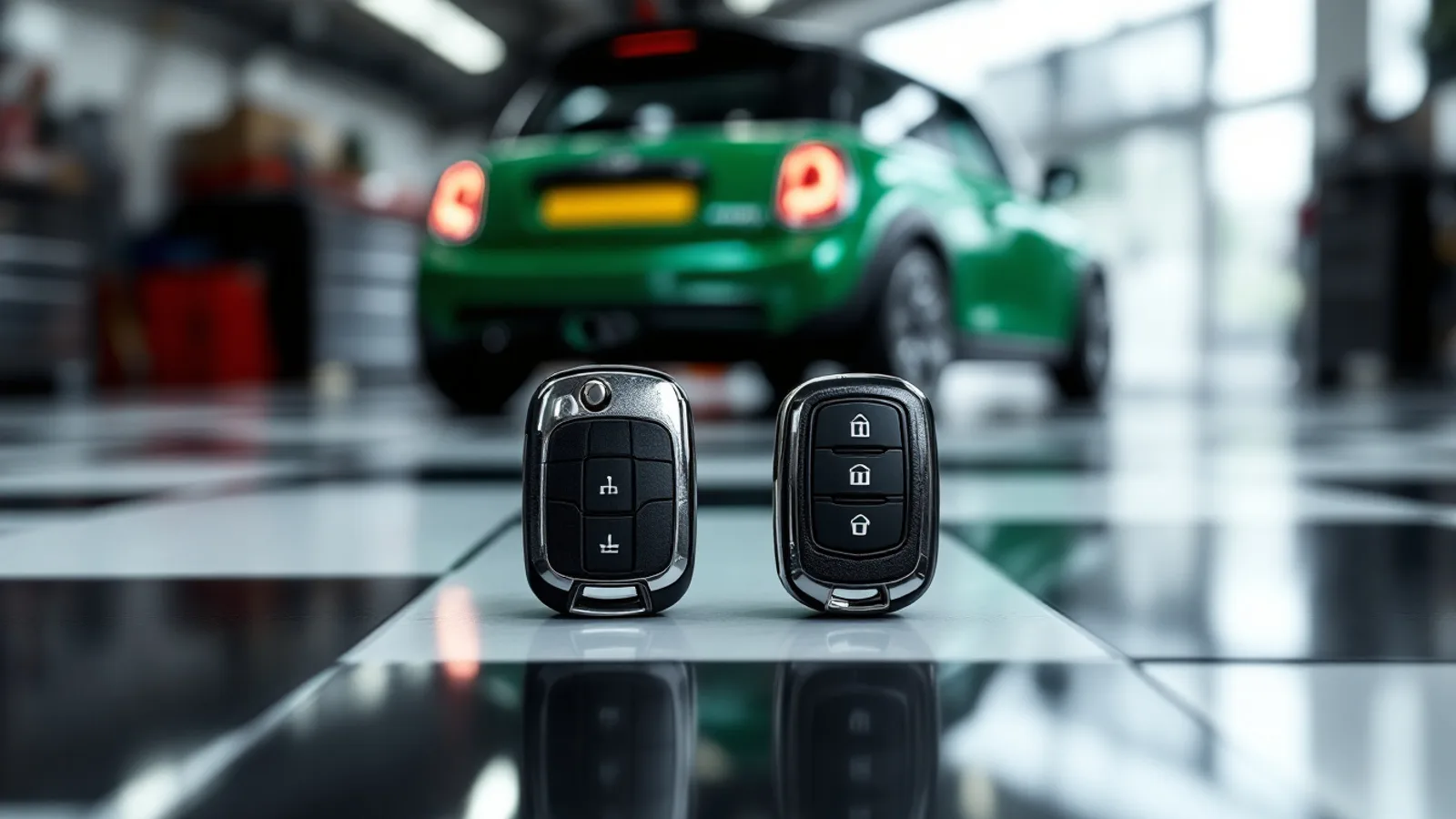 A compact round proximity key fob and an older slot-style smart key resting on a checkered garage floor beside a small British hatchback
