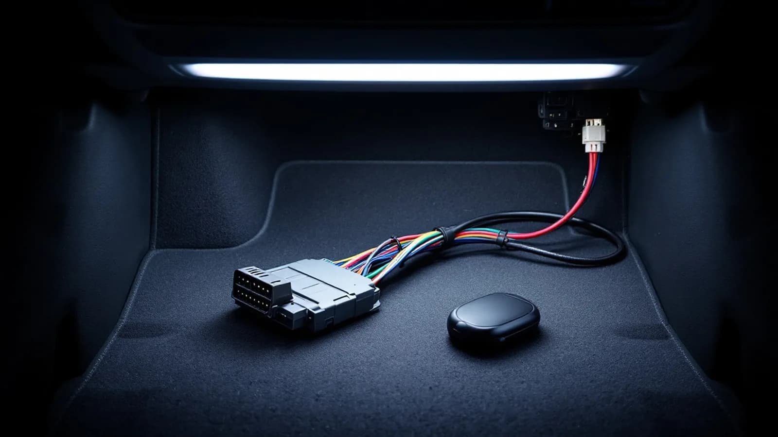 A body control module and its multi-pin wiring harness on the passenger floor mat of a crossover SUV with a smart fob beside it