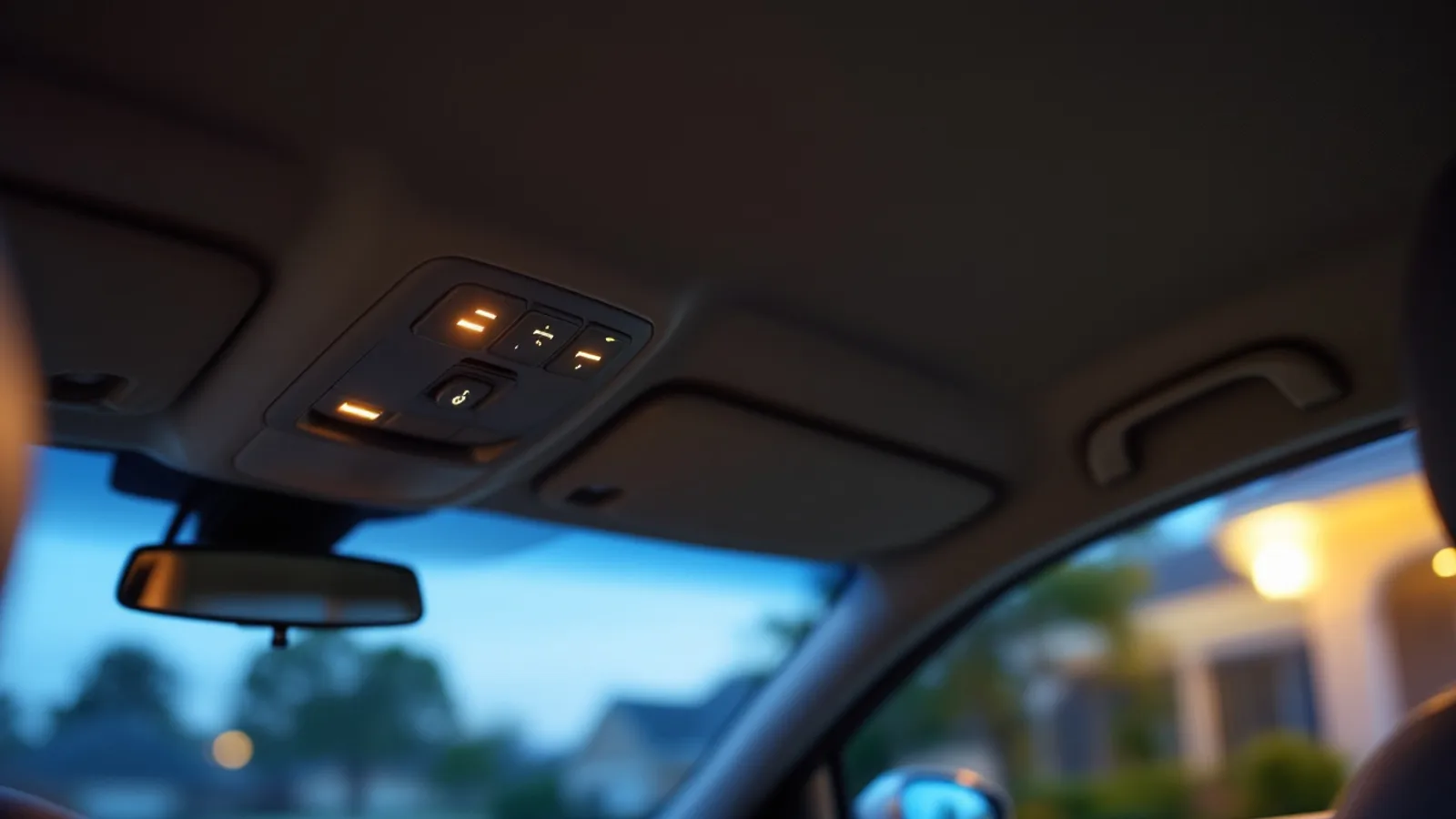 Interior view from the rear seat of a crossover toward the open driver door at dusk with the dome light on in a suburban Dallas driveway