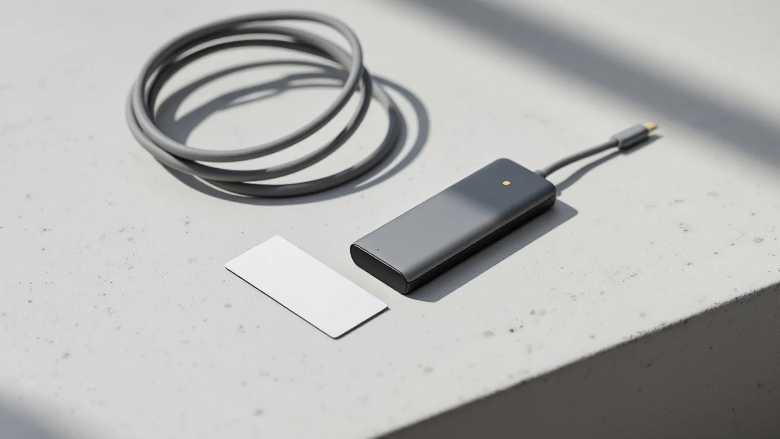 A minimalist rectangular Scandinavian EV key fob and a slim credential card lying on a pale concrete surface beside a charging cable