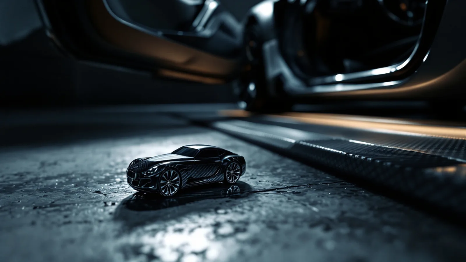 A car-silhouette Porsche proximity key on the polished floor of a private garage beside the open door of a sports car