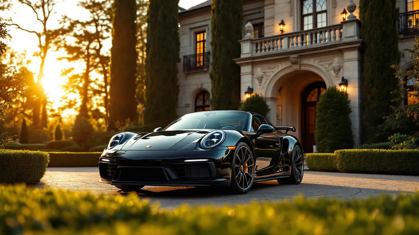 Porsche parked in a Highland Park driveway in evening light