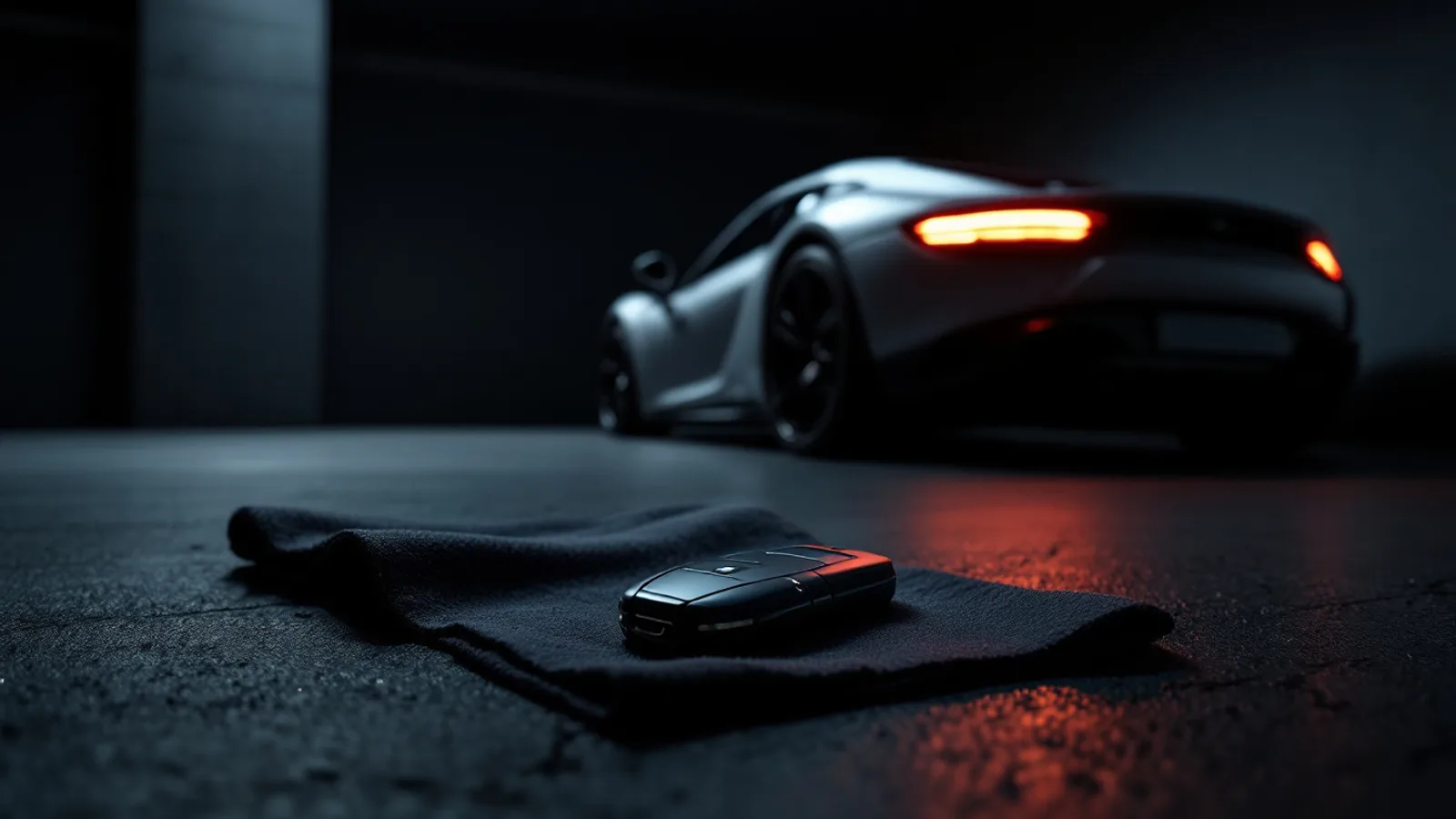 A car-silhouette shaped sports car key fob resting on brushed metal beside a programming interface in a dim upscale Dallas garage