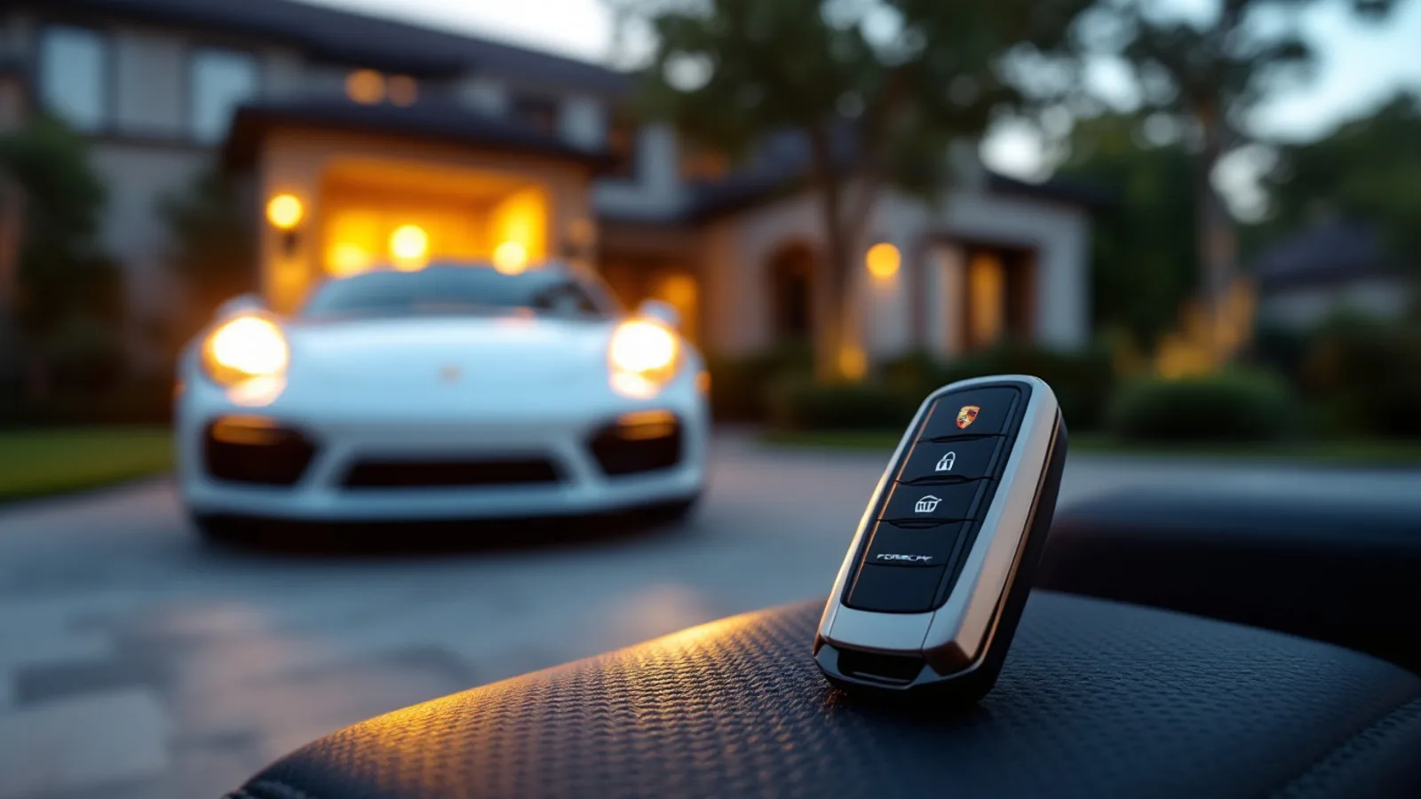 Mobile locksmith programming a Porsche smart key beside a sports car in a Frisco driveway near The Star