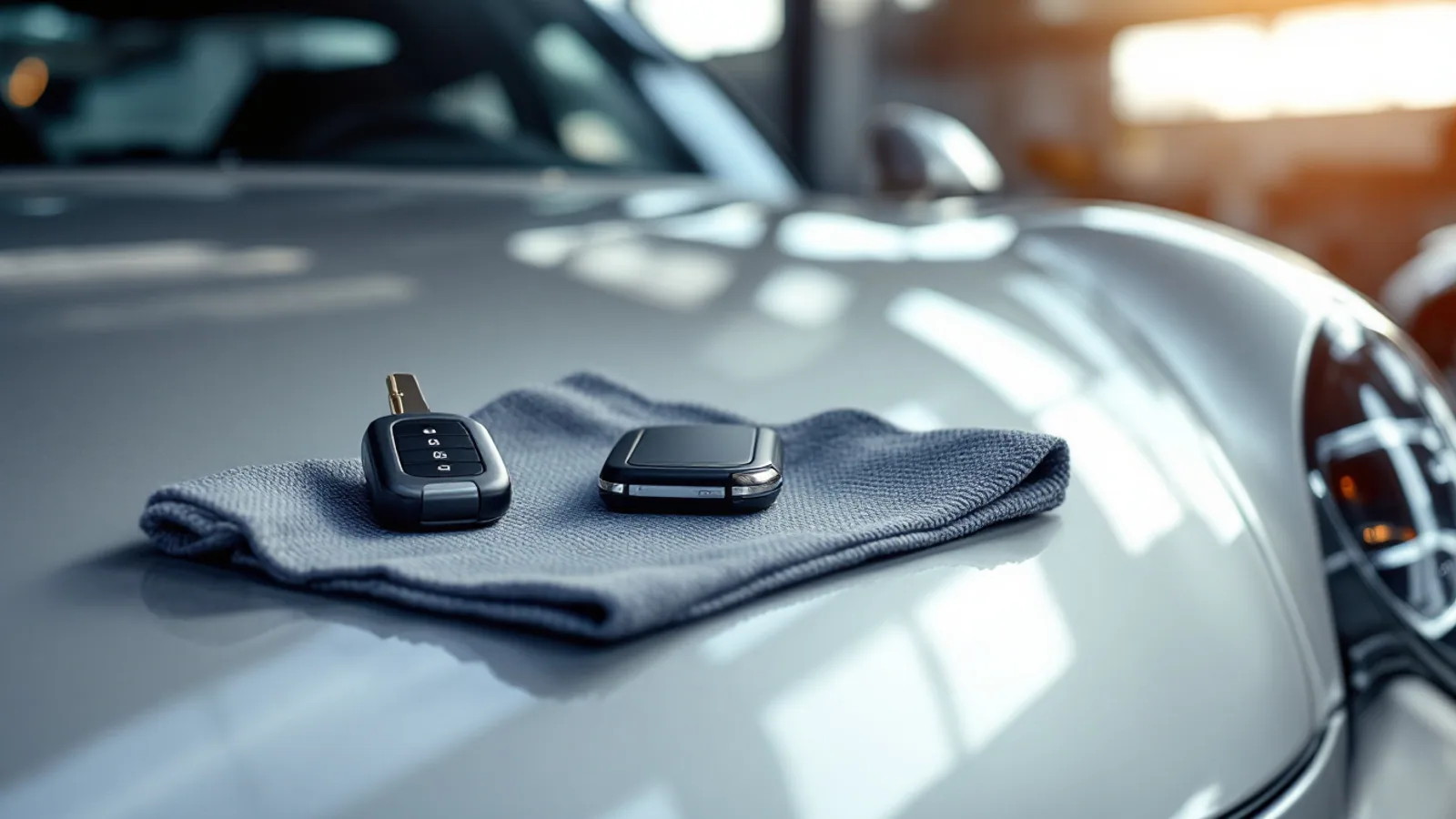 Technician programming a Porsche key fob next to a Porsche sports car in a Plano garage