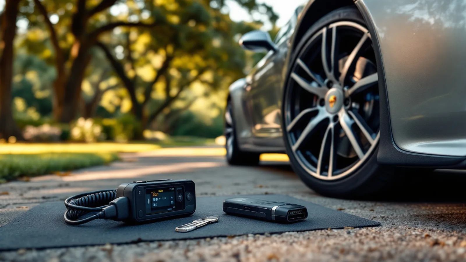 Mobile locksmith programming a Porsche smart key in a Preston Hollow driveway