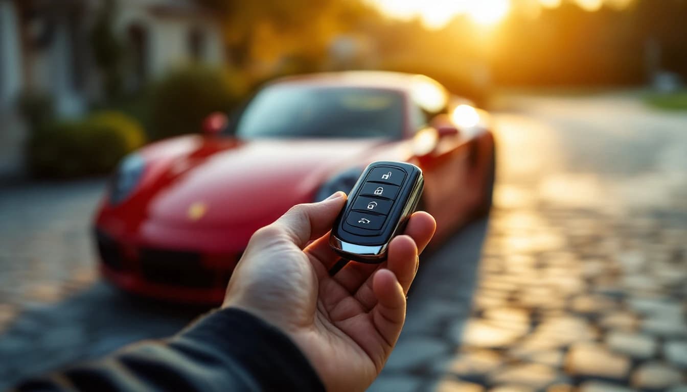 Technician presenting a replacement key fob with a Porsche 911 in the background