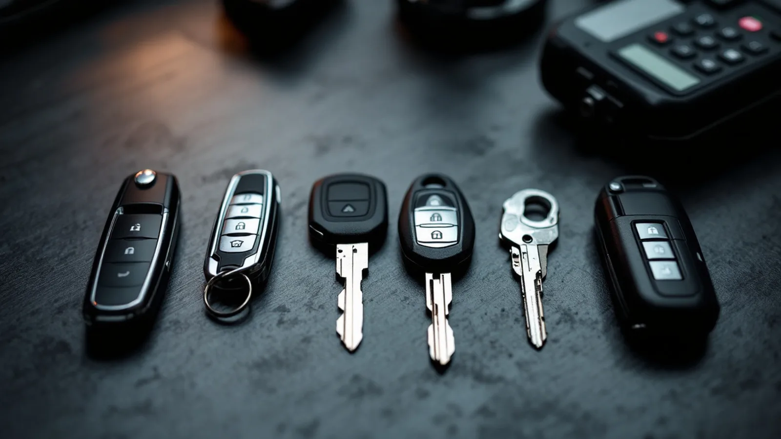 An array of different car key types laid out on a workshop bench: mechanical, transponder, flip, and smart fob