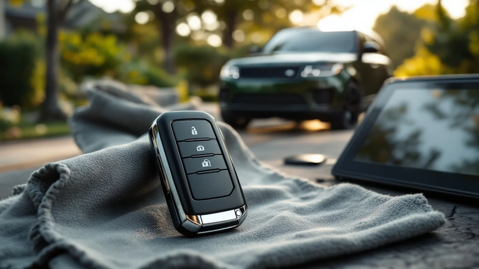 Mobile locksmith programming a Range Rover smart key in a Coppell driveway near DFW airport