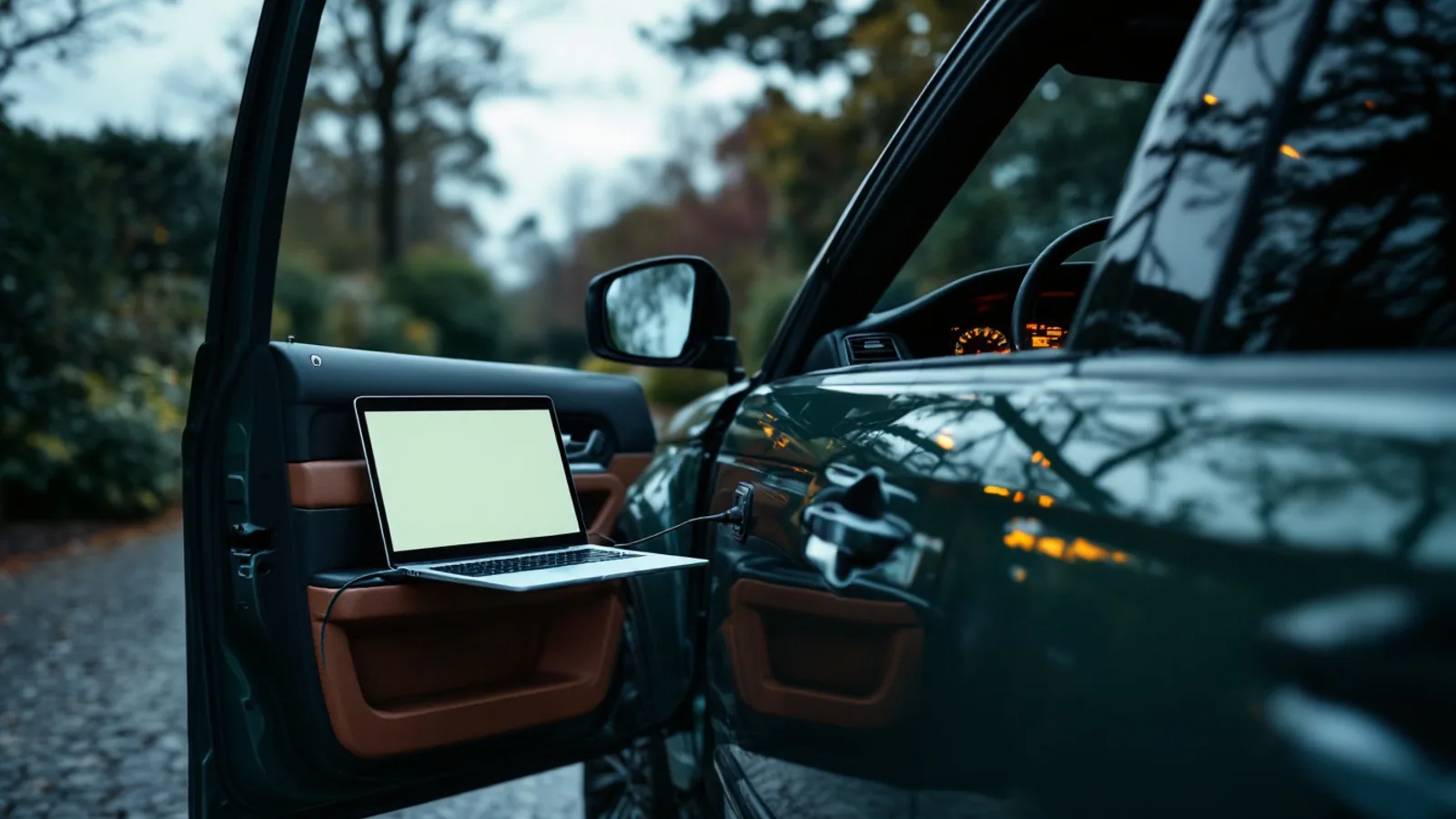 Diagnostic laptop connected to a Range Rover for a no-key-detected repair in Southlake