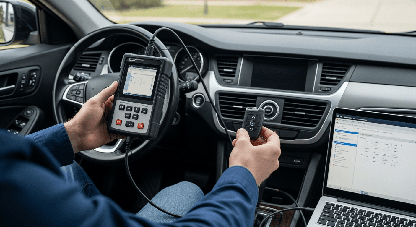 Locksmith technician programming a smart key fob to a late-model vehicle using a diagnostic tool plugged into the OBD-II port